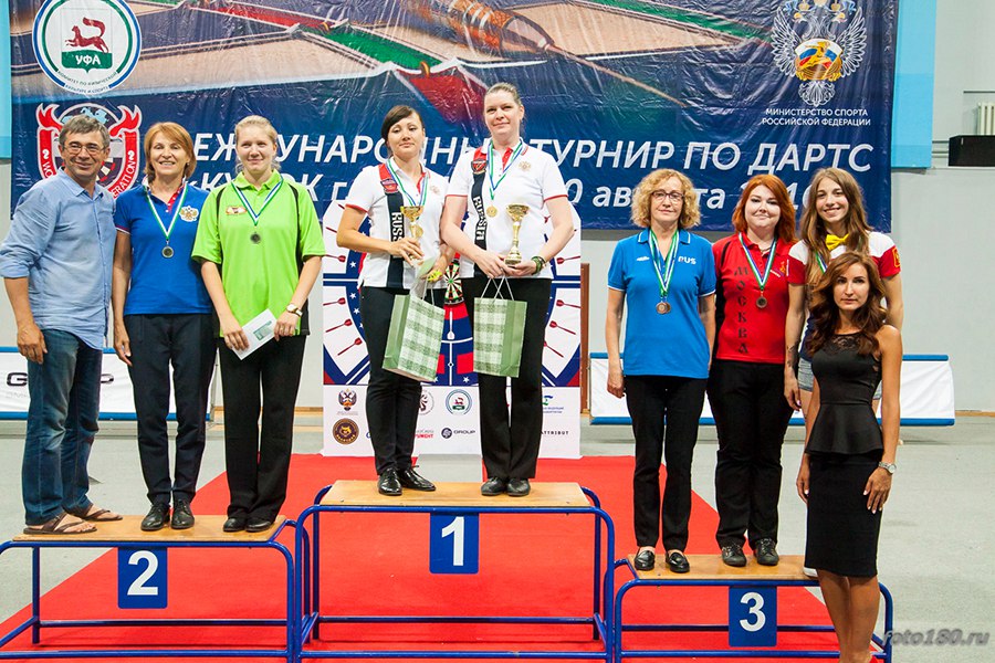 Марина Кононова и Наталья Фефилова (первая ступень пьедестала) на «Кубке Уфы» по дартсу 